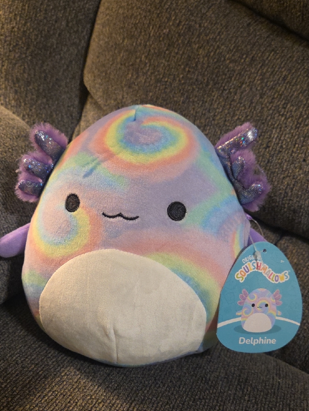 Squishmallows Delphine Plush Axolotl - Pastel Rainbow with Purple Fins